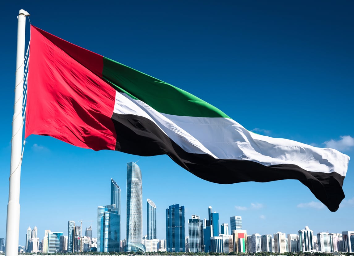 abu dhabi skyline with uae flag